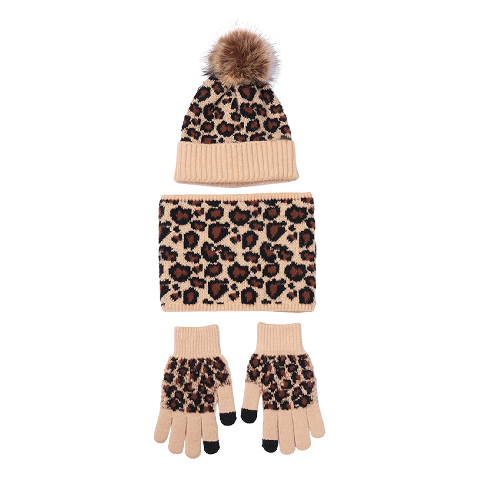 

Women 3 In 1 Daily Fashion Ski Windproof Scarf Cap Glove Set Gift Thermal Knitting Soft Outdoor Sports Leopard Pattern