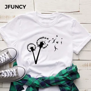 JFUNCY размера плюс футболка Одуванчик свободный летающий человек Печать Женская хлопчатобумажная рубашка с круглым вырезом короткий рукав Летняя футболка Топы Повседневная рубашка