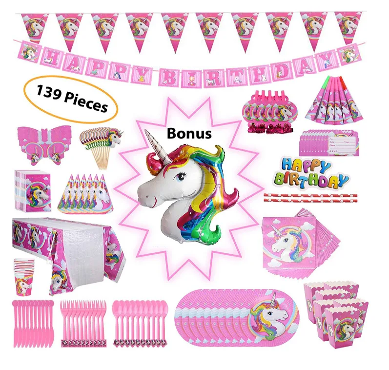 

139 Piece Rainbow Unicorn Party Supplies Set Including Banner Plates Cups Napkins and Tablecloth Serves