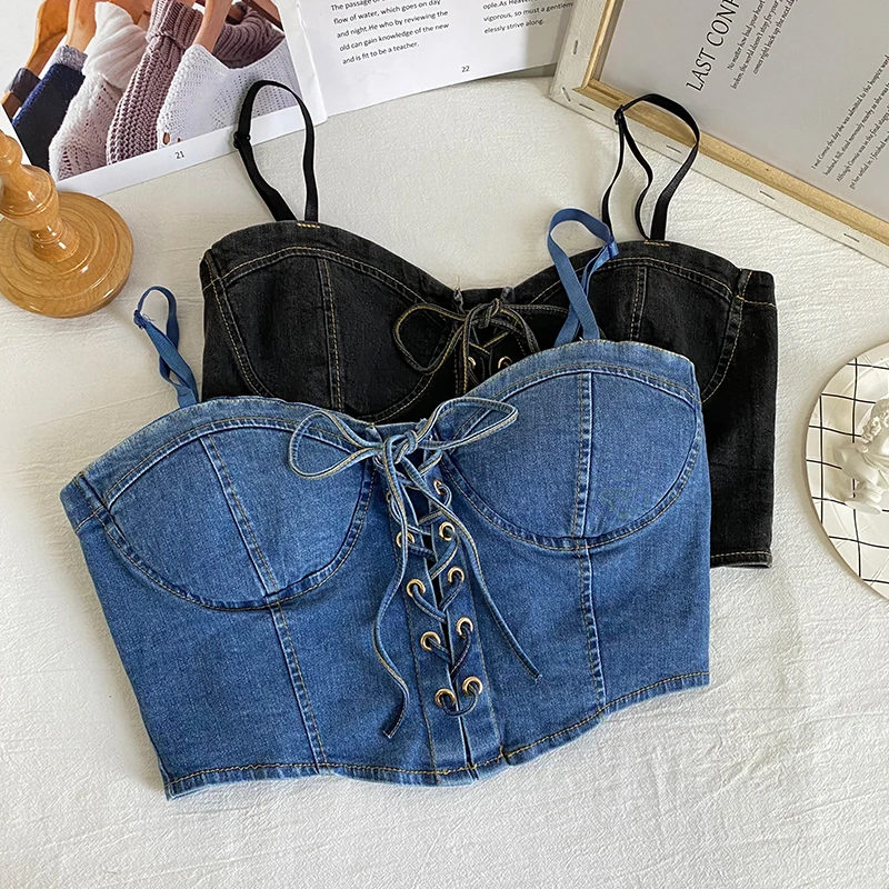 

Lace-up drawstring short denim camisole women's new chest wrap vest
