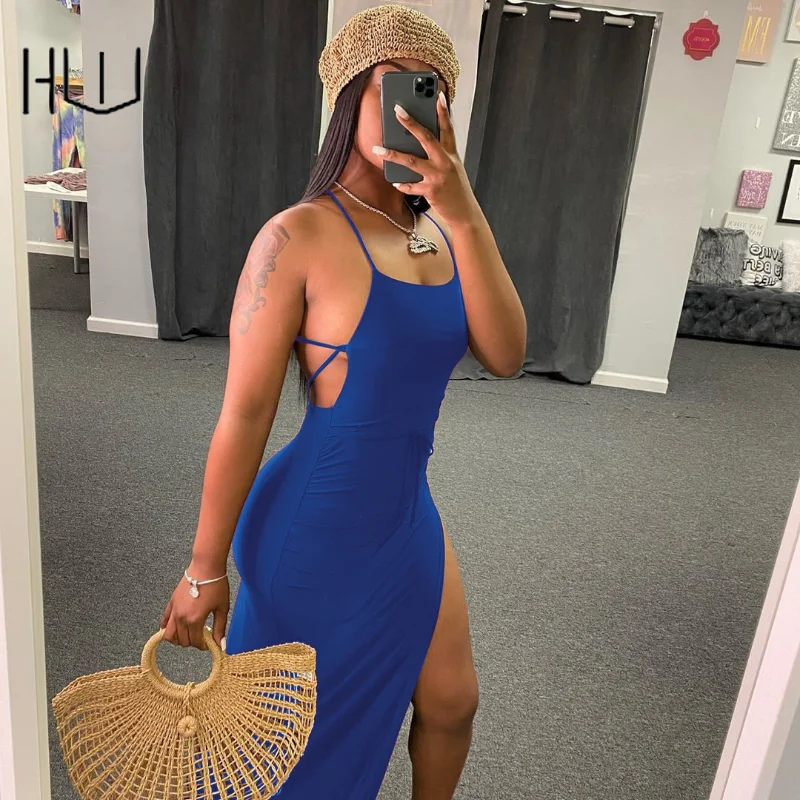 

Backless High Split Maxi Dresses Bandage Lace Up U Neck Bodycon Sexy Club Outfits Robe Vacation Beach Clothes Slim Sexy Vestido
