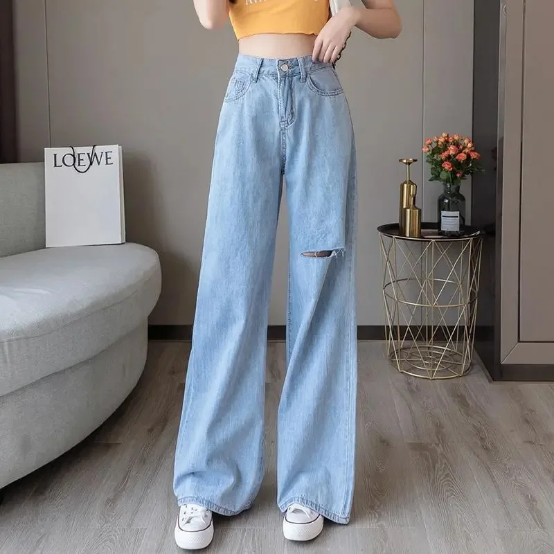 

Woman jeans high wait pants wide leg denim clothing blue street wear Vintage quality 2021 fashion pants