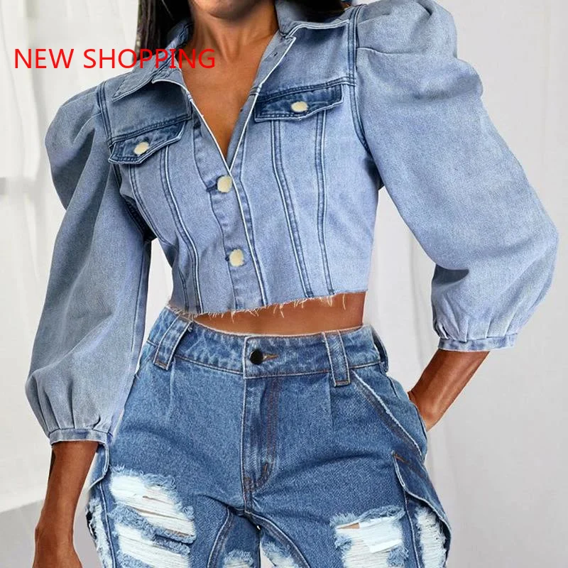 

Women Cropped Denim Jacket Autumn Solid Vintage Puff Sleeve Short Jeans Coat y2k Fashion Button Turn-Down Collar Ladies Casual