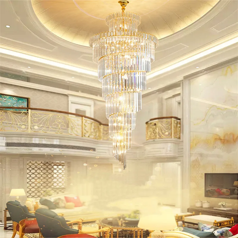 Goedkoop Duplex Floor Kroonluchter Villa Hollow Building Hall Kristal Kroonluchter Moderne Minimalistische Woonkamer Wenteltrap Kroonluchter