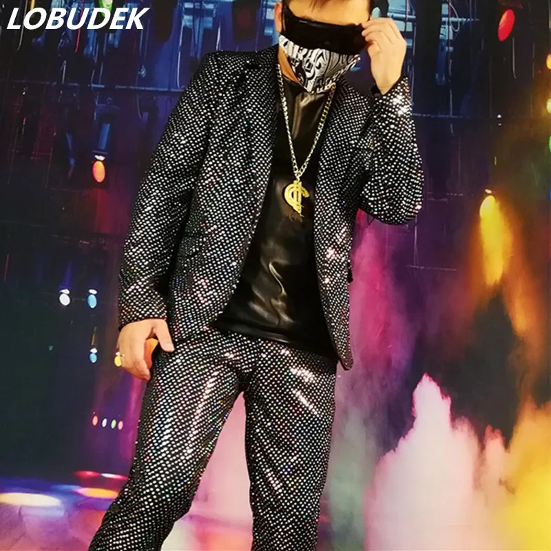 

Men's Flashing Silver Black Sequins Suits Bar Nightclub Concert Male Singer Host Stage Suits Sequined Blazers Trousers 2-Pieces
