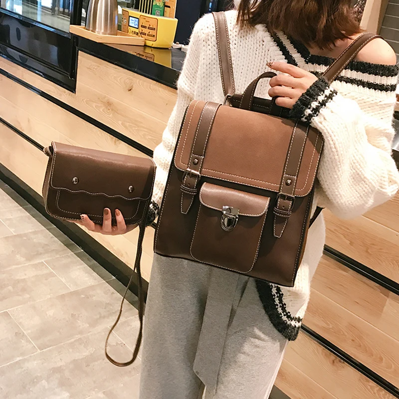 

Fashion 2 PCS/SET Leather Women Backpacks For Teenager Girl Female BackPack Large Capacity Pu Travelling Bags Vintage School Bag