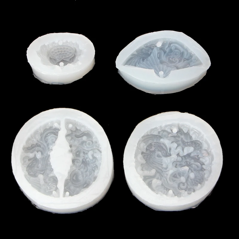 

4PCS Silicone Pendant Mould Resin Carved Jade Lotus Flower Jewelry Making Tools