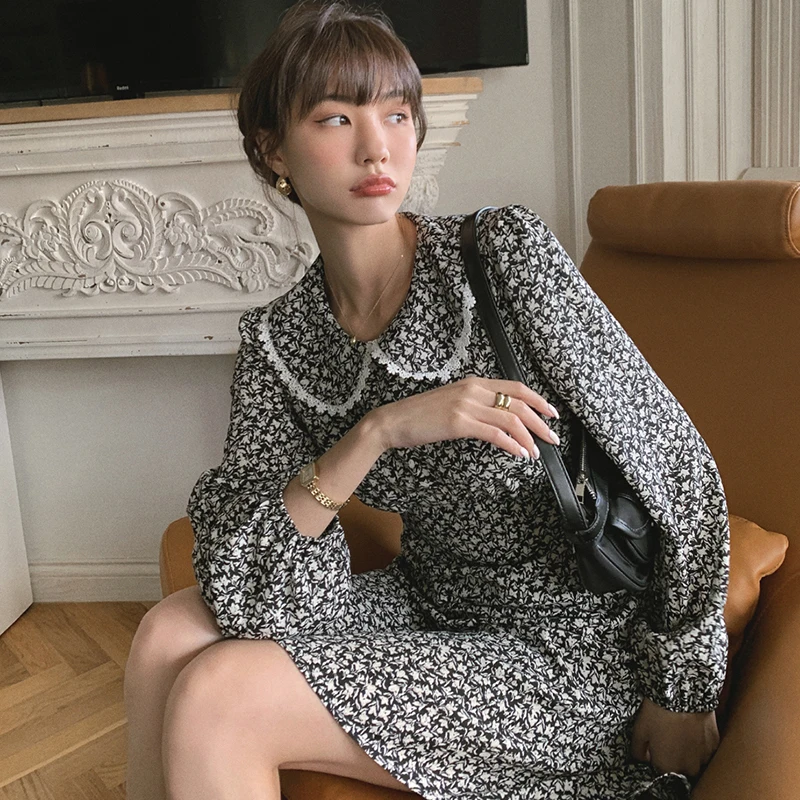 

Spring Summer 2021 Dress A-Line Long Sleeve Streetwear Beach Black Floral Party Dresses Women Evening Chiffon Vintage Clothes