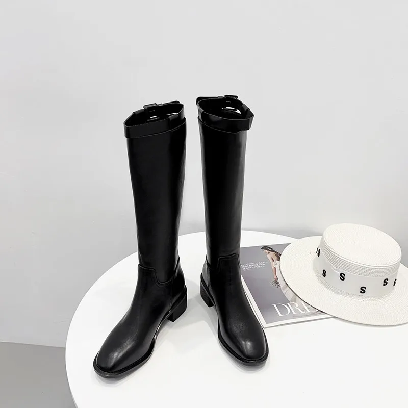 

Hjwsfdcai Belt Buckle Women Mid Calf Boots Winter Round Toe Zipper Ladies Knight Boots Fashion Street Style Platform Women Shoes