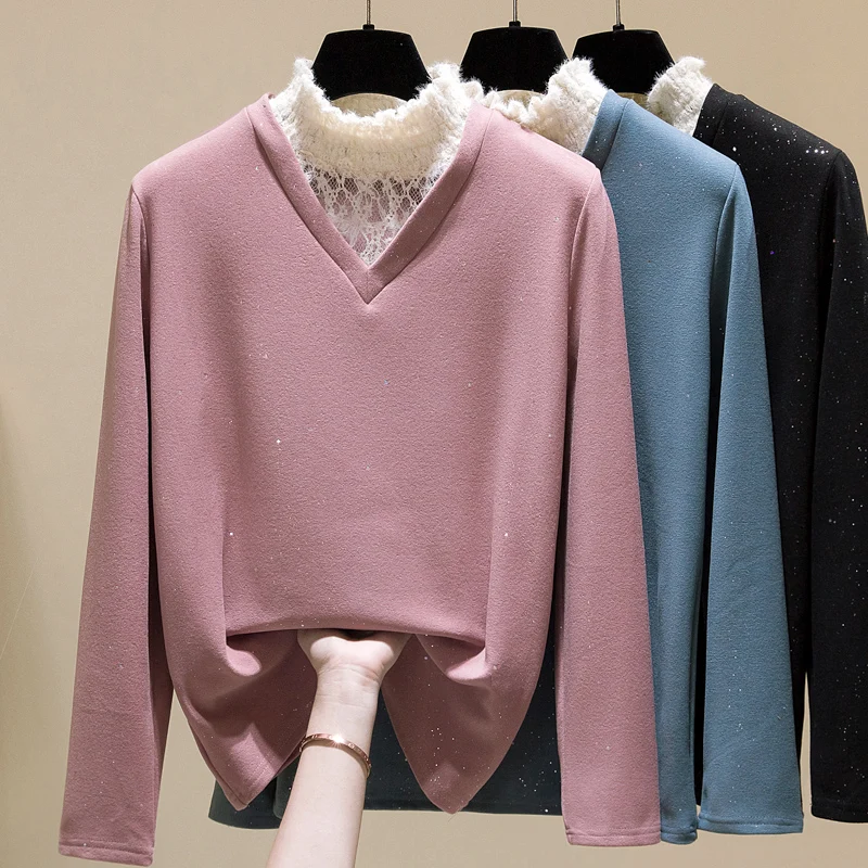 

Pink Lace Stitch Warm Long Sleeved Plus Size Korean Autumn Elegant Fashion Blouses And Tops Women'S Oversize T-Shirt Clothing