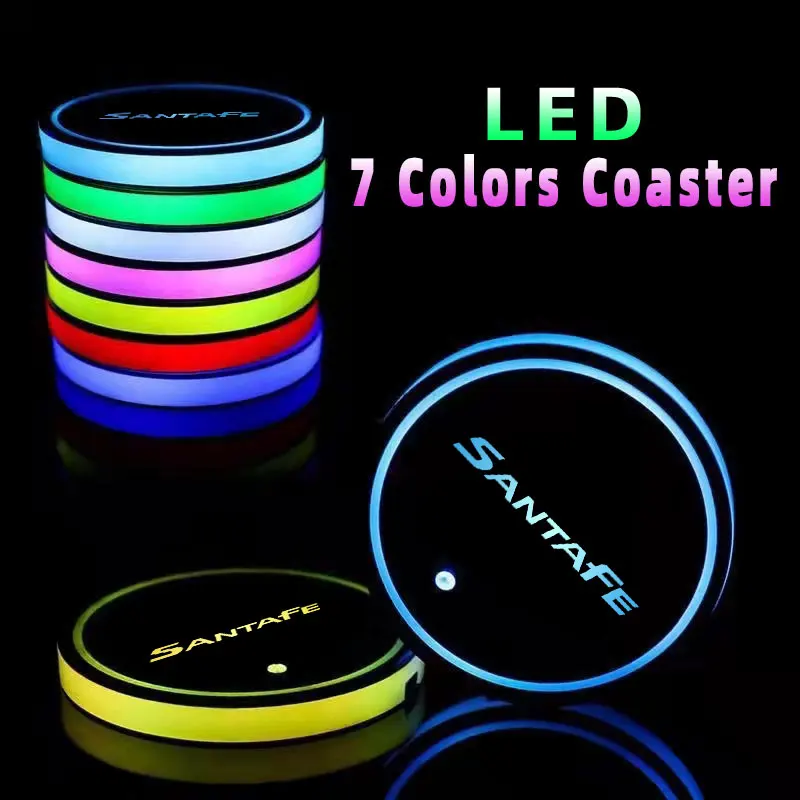 

7 Colorful USB Car Logo Led Atmosphere Light Cup Luminous Coaster Holder For Hyundai Santafe 2013 2015 2016-2020Auto Accessories