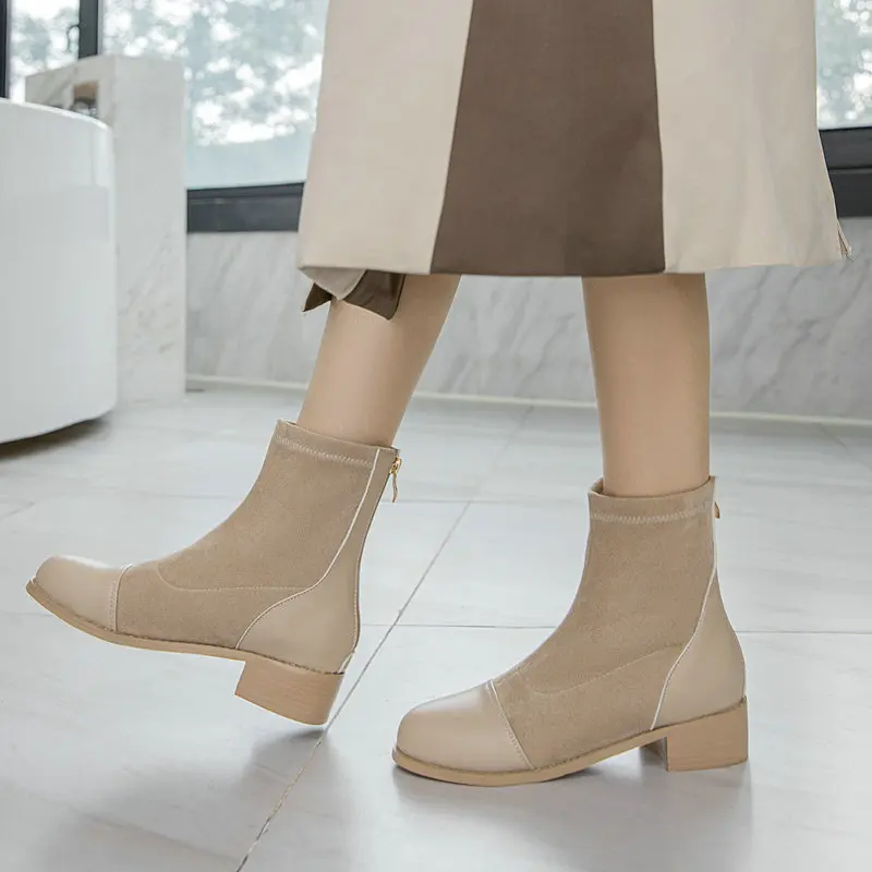 

2021 New Pu Leather + Flock Back Zipper Autumn Winter Women Shoes Fashion Square High Heel Round Toe Ankle Boots Size 34-43