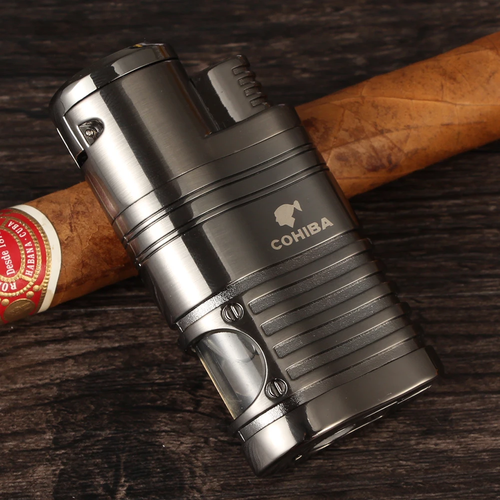 COHIBA сигарный набор металлическая коробка для Сигар Зажигалка газ-бутан ветрозащищенная 3 струйные Зажигалки W/удар из нержавеющей стали Острый сигарный нож