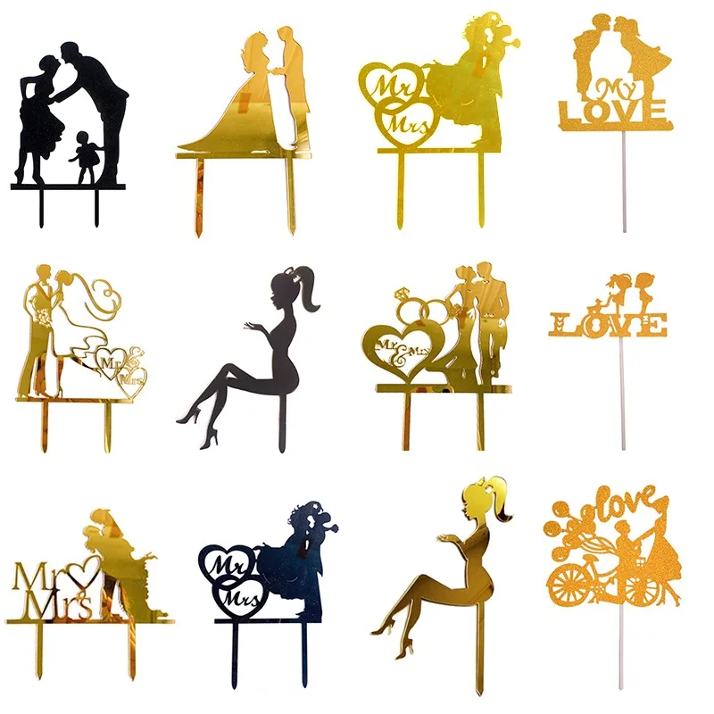 Черный акриловый торт фигурки жениха и невесты любящее сердце силуэт свадебный MR