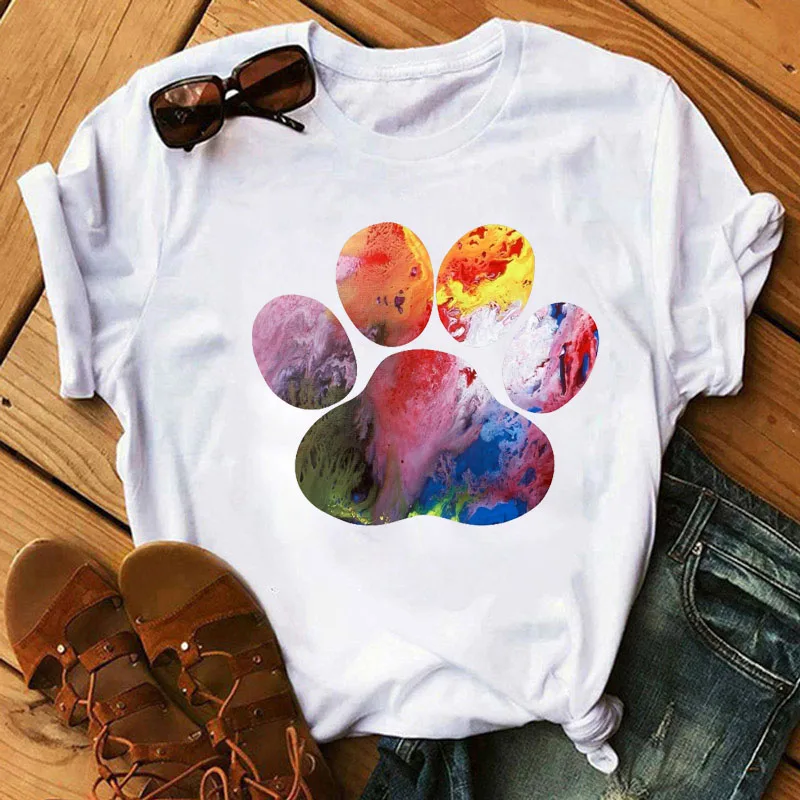 

2020 new Dog Paw Heart Print Tshirt Women Cute Short Sleeve Fashion T-shirt Women Clothing Tops Tees Female TShirt Woman Clothes