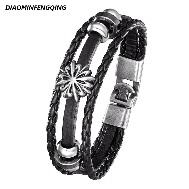 

2020 Fashion Leather Bracelet Multi-layer Sun Flower Bracelet Men's Retro Punk Rock Woman Alloy Bead Nautical Jewelry