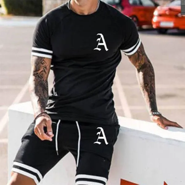 

2 Piece Clothes Casual Sportswear Running Men Set Sporting Suits Short Sleeve Men's T-shirt + Sports Shorts Quick Drying