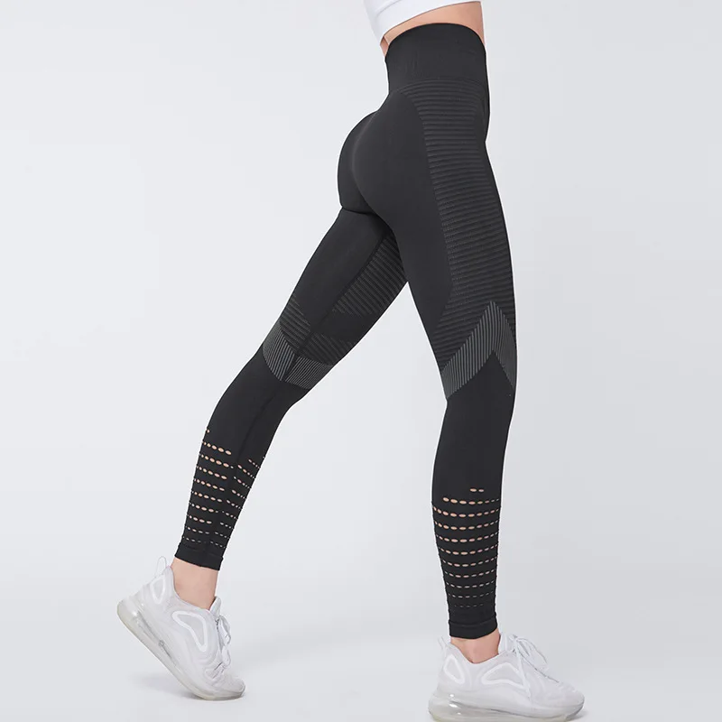 Elastic Seamless Gym Legging Women Hollow Breathable Fitness Yoga Pants Solid Patchwork High Waist Sports Running Tights