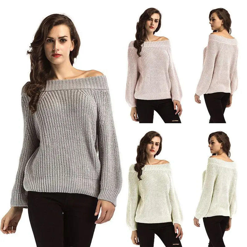 

Women Retro Sweater Solid Color Sexy Long Sleeve Slash Neck Collar Long Knitwear Slim Sweaters Seller Reccomend Y2