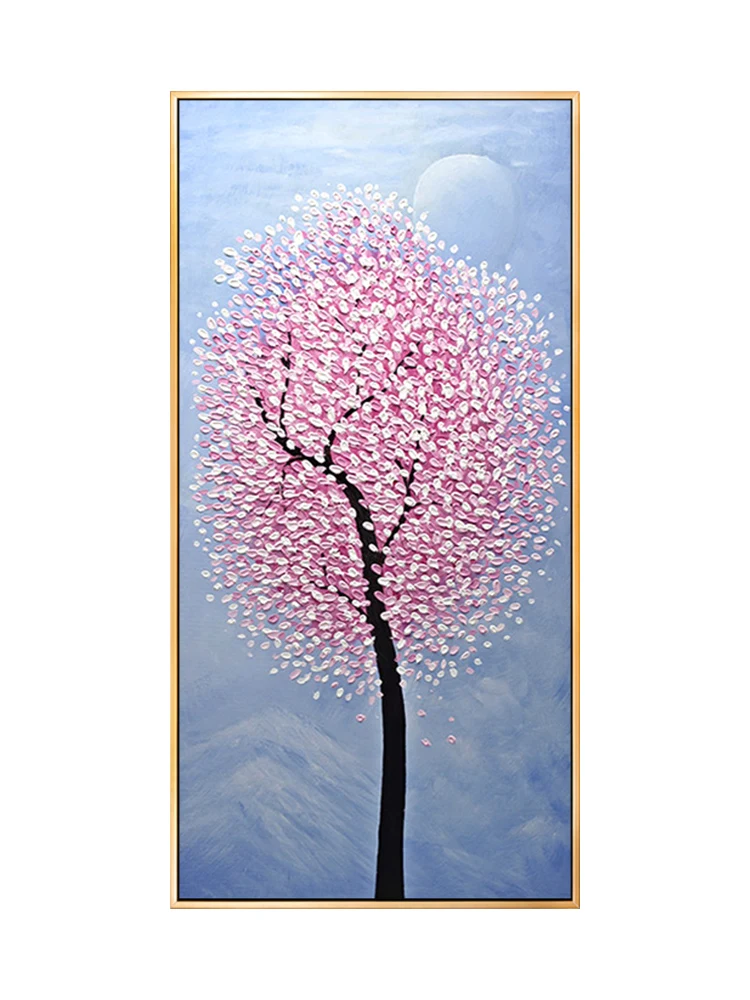 

Hand-Painted Oil Painting Pink Lucky Tree on Blue Mountain Wall Paintings Hang Art for Living Room Bedroom Home Decor No Framed