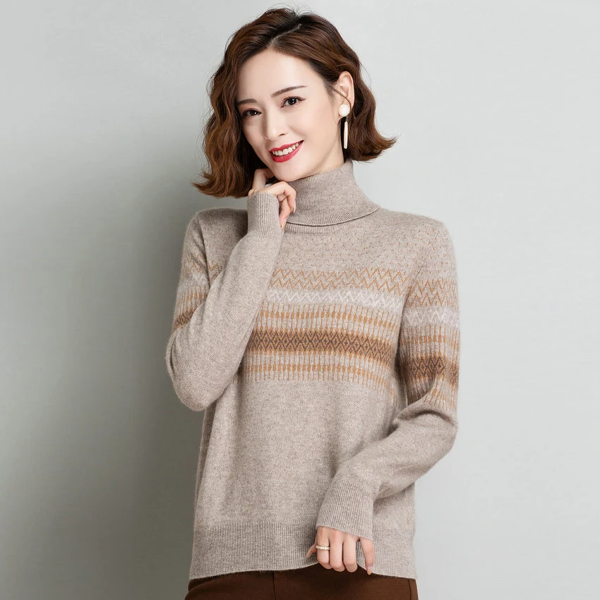 

Winter Turtle Neck Christmas Sweater Women Cashmere Sheep Wool Knitting Pullover Top Lady Stripe Warm Soft Knitwear Jumper 2020