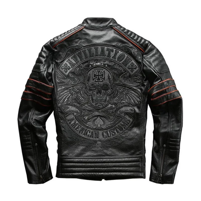 

Manufacturers directly for the locomotive cattle leather jacket, new embroidery wing skeleton Leather Men's clothing