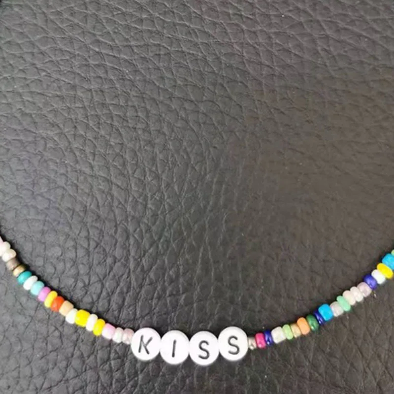 

Boho Rainbow Beads Letter Love Hope Necklace for Women Handmade Colorful Chain Friends Girl Summer Beach Choker Neck Accessories