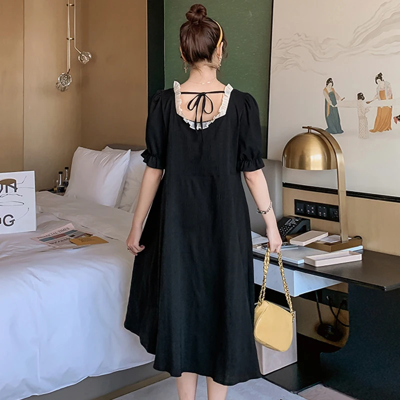 

Dress Summer 2021new plus Size Loose Long Skimming Small Black Dress French Retro Short Sleeve Dress for Women