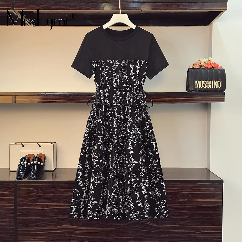 

L-4XLPlus Size Women Fake Two Pieces Floral Dress Black Summer 2021 Loose Short Sleeve Drawstring High Waist A-line Midi Dresses