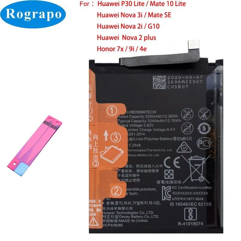 Bater&iacute;a 100% Original para Huawei Mate 10 Lite P30 Lite G10 / Nova 2 Plus 2i 3i 4e / Honor 9i 7X, 3340mAh, HB356687ECW, novedad-0
