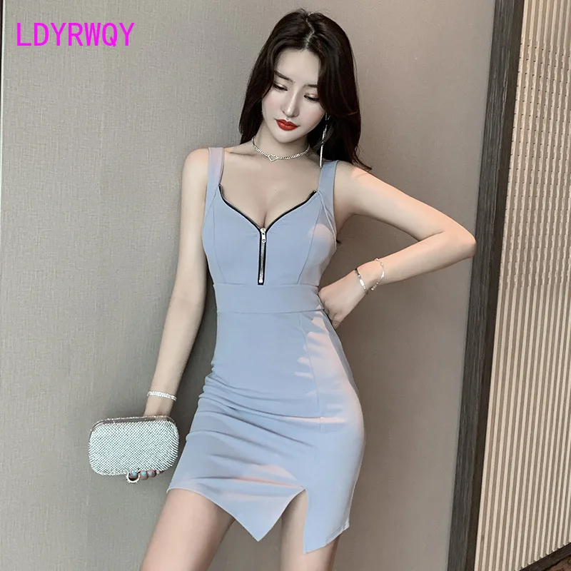 

LDYRWQY Nightclub women's low-neck slim-fit bag hip split sexy dress summer Sheath Office Lady Knee-Length