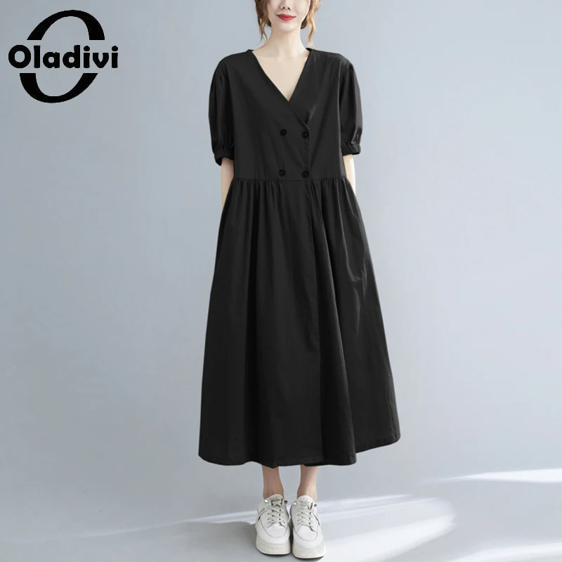 

Oladivi Oversized Women Clothing Casual Loose Dress 2021 Summer New Long Dresses Vintage Ladies Tunics Robe Vestidios Black 5116