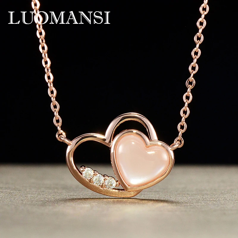 

Luomansi Really 100%-18K Rose Gold 2.34g Double Heart Natural Pink Shell Necklace Birthday Lover Gift Romantic Girl Jewelry