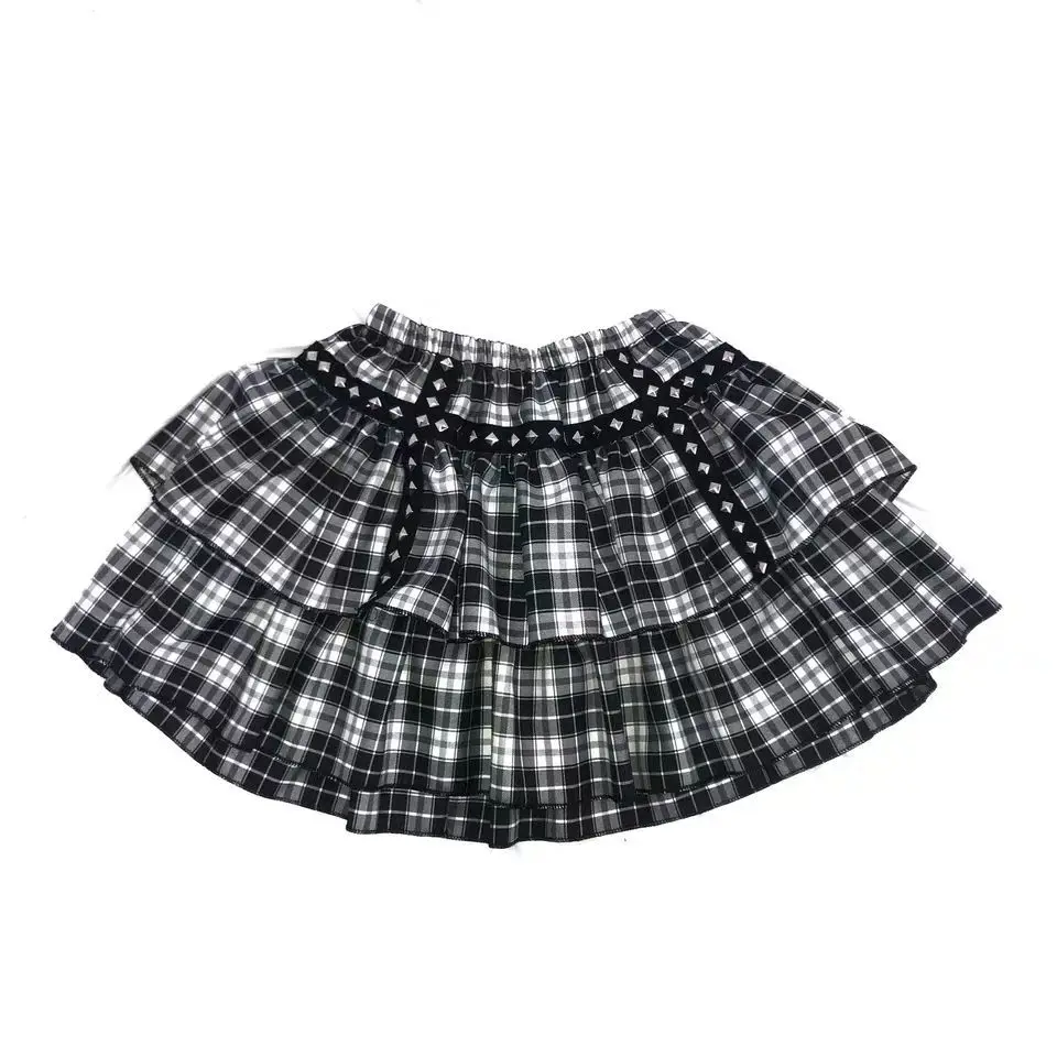 

Женская короткая юбка с заклепками, Готическая Двухслойная юбка в черно-белую клетку с высокой талией, бальная мини-юбка в стиле панк,