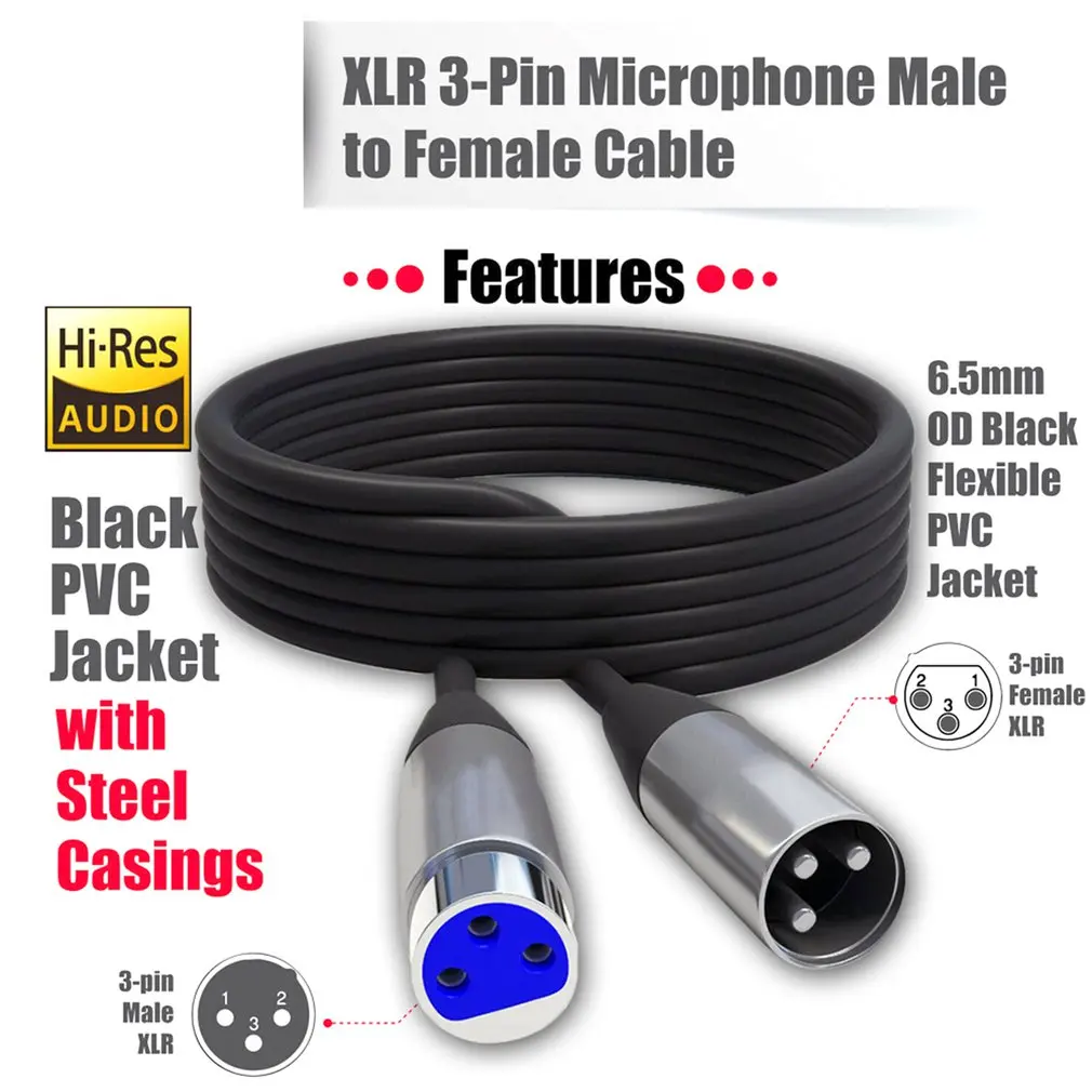 

XLR Microphone MIC 3-Pin Male To Female Cable Cord Connector Extension Shielded XLR 3-Pin Microphone Cable