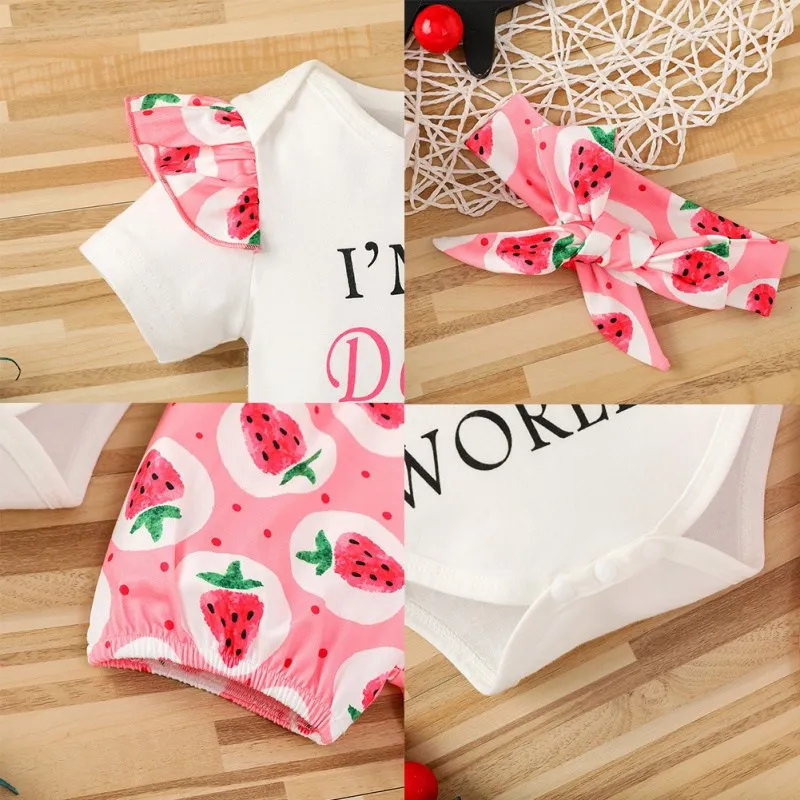 

Summer Baby Girl Clothing Suit Ruffled Short Sleeve Letter Print Romper Tops Strawberry Shorts Headband Outfits Clothes