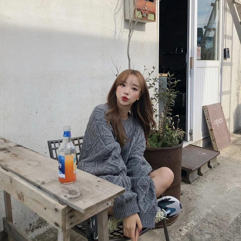 

Свитер свободный, с круглым вырезом, однотонный, толстый, средней длины, весна-осень, 2021