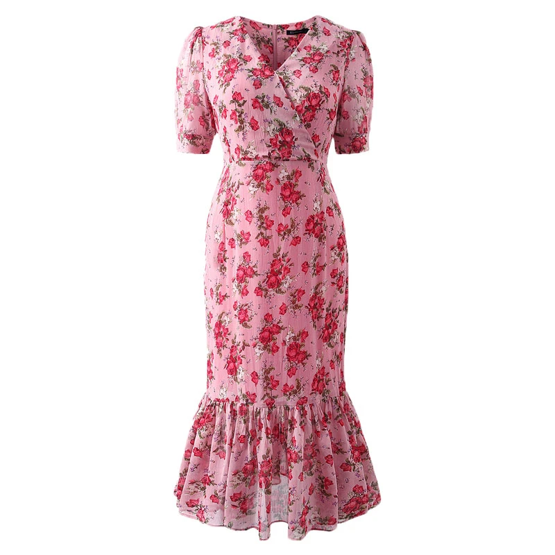 

French Retro Floral Chiffon Dress Female Summer Mid-length Long Waist Was Thinning Ruffled V-neck Dress Mermaid Skirt Y524