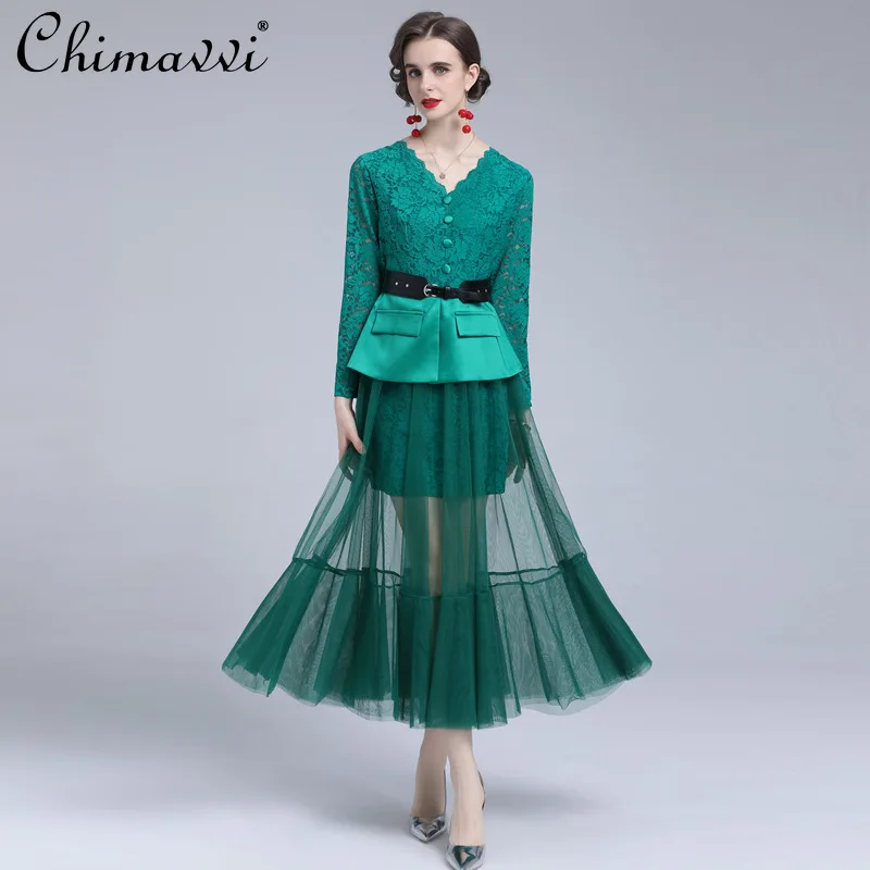 

High-end Green Lace Dress 2021 Autumn New V-neck Single-Breasted Long Sleeve Mesh Stitching Dress High Waist Slim Elegant Dress