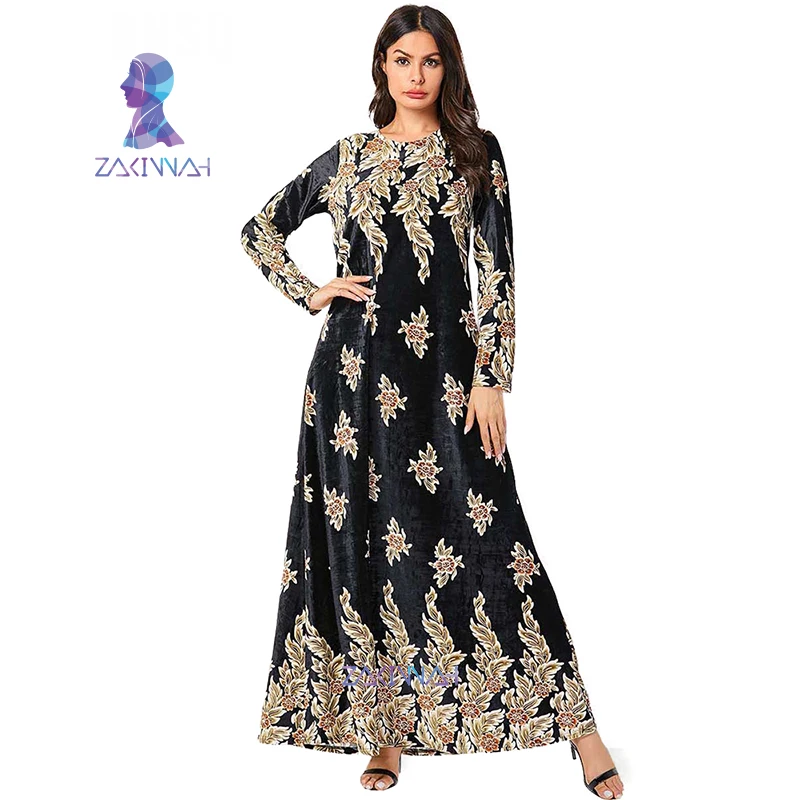 7830 мусульманского размера плюс с принтом длинным рукавом золотого бархата Макси