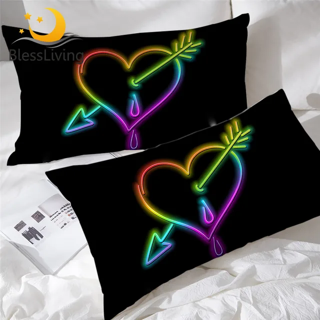 BlessLiving I Love You Pillowcase Rainbow Heart Pillow Case Psychedelic Neon Funda Almohada Colorful Pillowcase Protector 2pcs 1