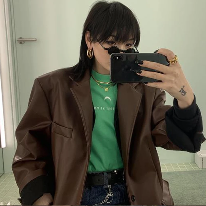 

Vintage Loose Leather Jacket Women PU Chic Moto Jacket Female 2021 Spring Fashion Streetwear Women's Winter Y2k Coat New