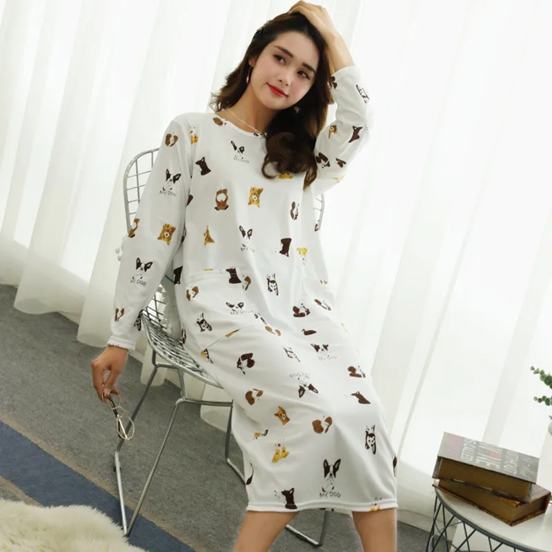 

New Korean style autumn and winter pajamas female double-sided thick milk silk nightdress cartoon long-sleeved home service suit