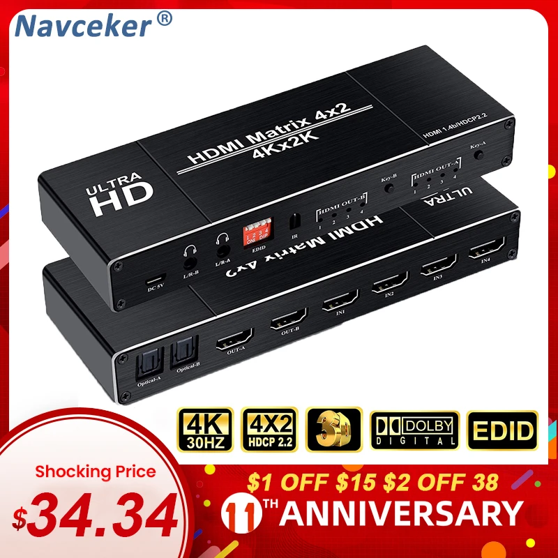 2020 Лучший 4K 4x2 HDMI матричный переключатель разветвитель EDID Настройка с двойным SPDIF