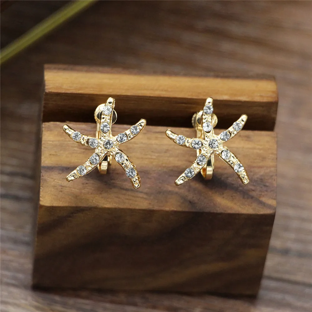 

New Bridal Golden Sea Star Rhinestone Headband Ribbon Wedding Dress Party Style With Headwear Ear Clip Set