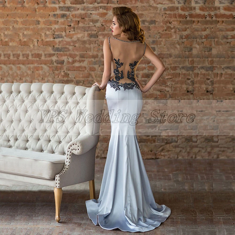 

Weilinsha Sexy Side Slit Mermaid Evening Dress 2021 Sleevelesse Scoop Neck Appliques Sweep Train Party Prom Gowns