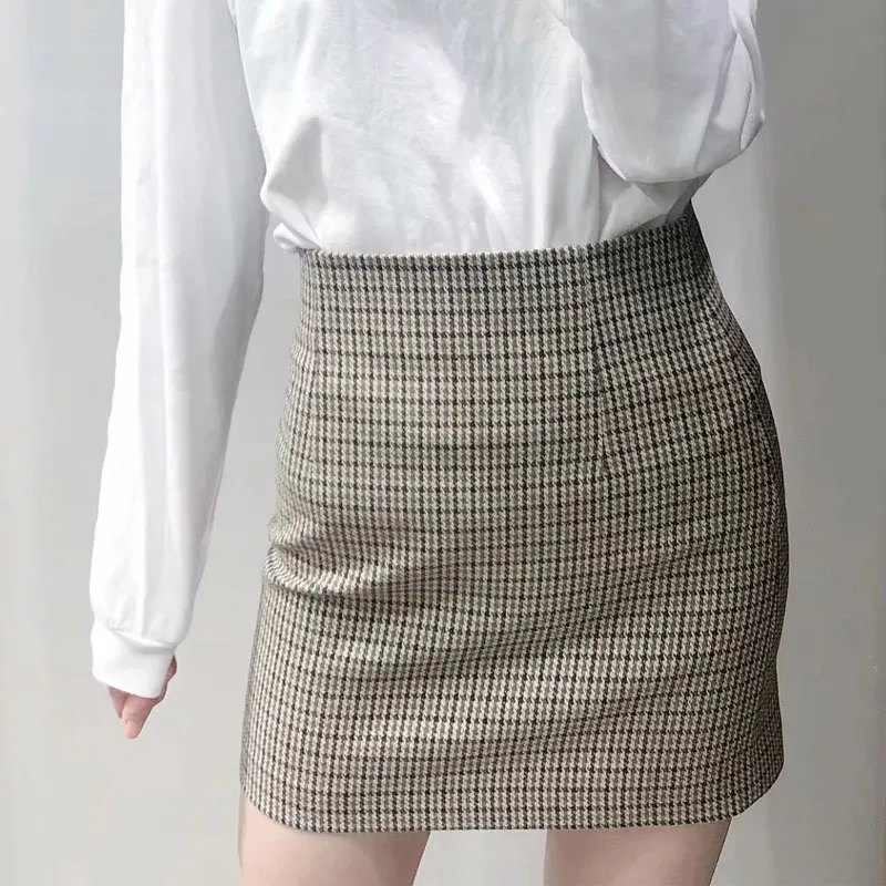 Осенне-зимняя женская элегантная клетчатая мини-юбка в мелкую ломаную клетку с