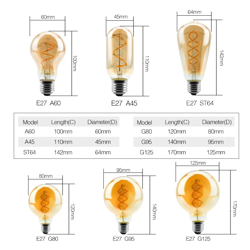4pcs/lot E27 E14 LED Bulb 220V Vintage Spiral Filament Light C35 A60 T45 ST64 T185 T225 G80 G95 G125 4W Edison Lamp | Освещение