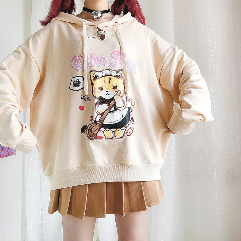 Бежевая Толстовка в стиле Харадзюку с изображением котенка горничной кота