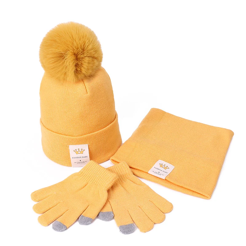 

Winter Child Hat Scarf Gloves 3 Peice Set Kids Outdoor Warm Knitted Plush Cap Scarves And Touchscreen Gloves Boys Accessories